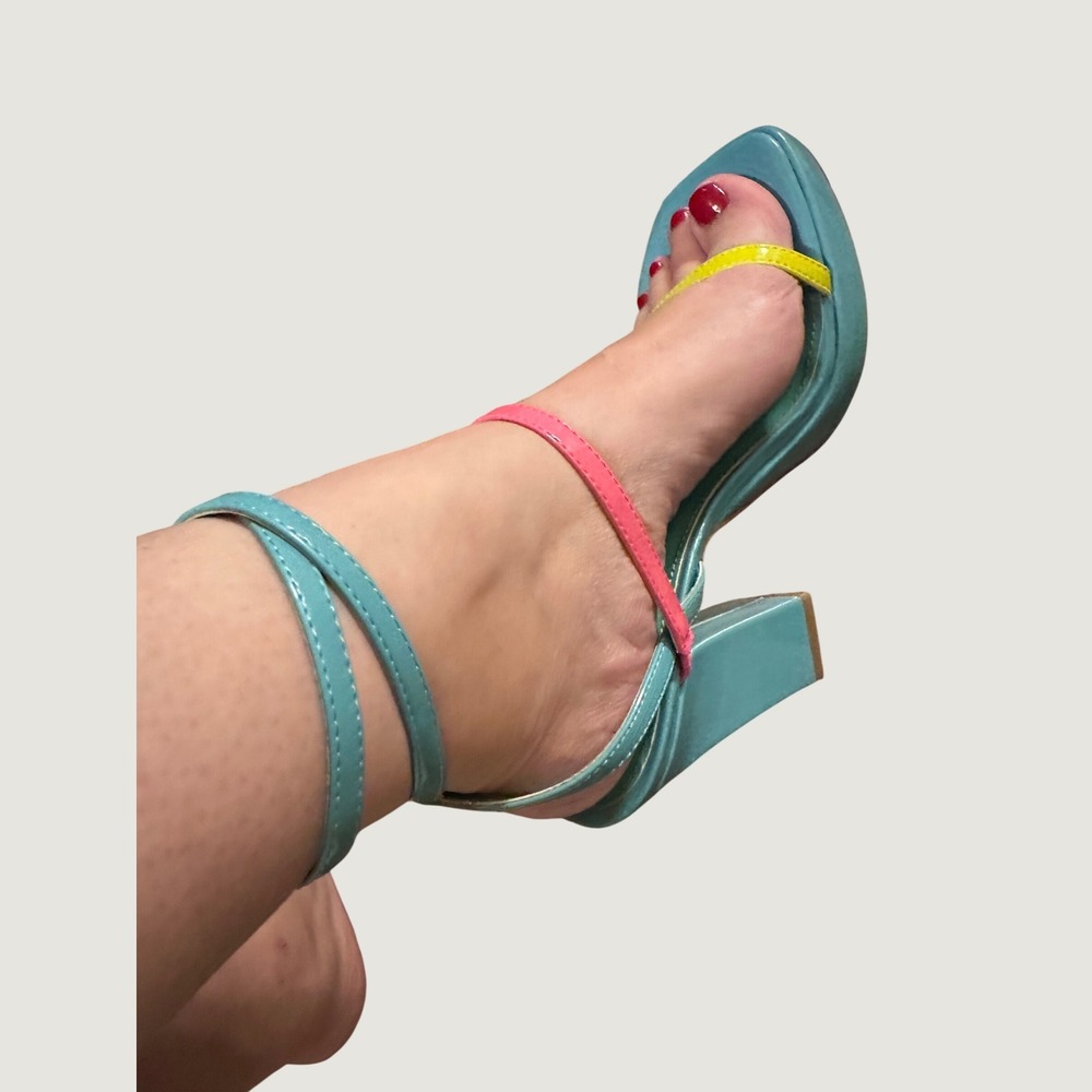 Marc Fisher Teal Pink Yellow Colorblock Strappy Block Heel Platform Sandals 7.5M